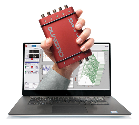 SignalCalc 900 Series Software on Quattro hand and laptop