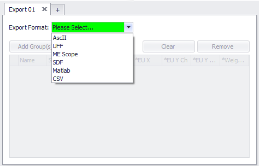 Supported export formats include ASCII, Universal File Format Type 58, ME Scope, SDF, Matlab, and Comma Separated Value (CSV).