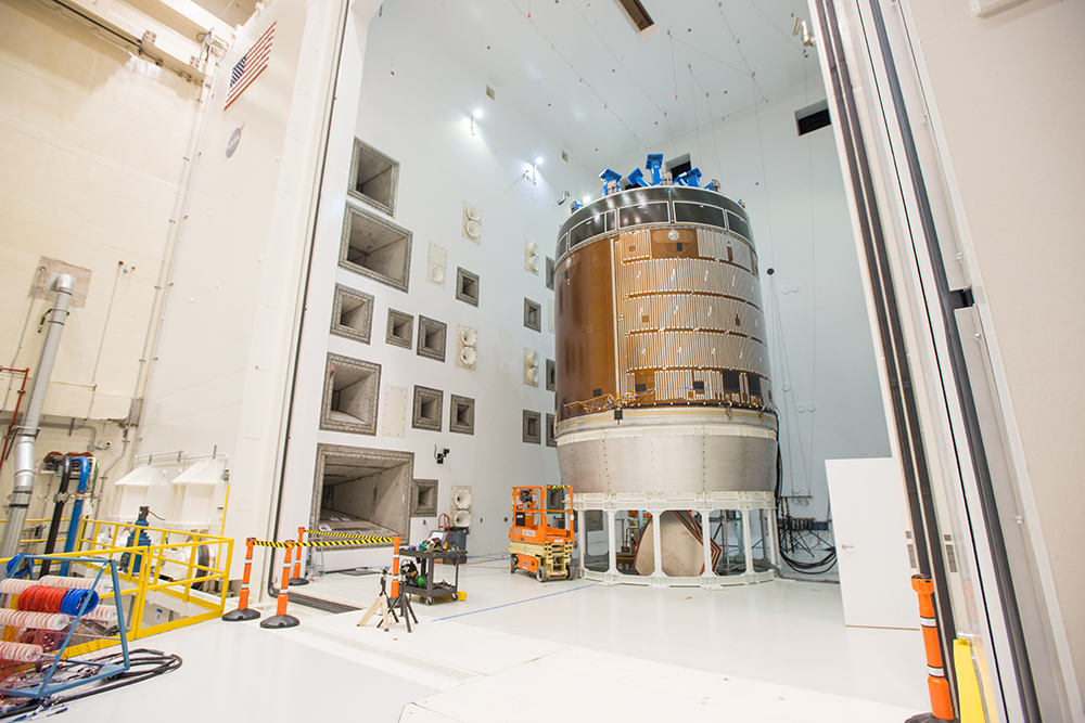 Orion Service Module in The Reverberant Acoustic Test Facility (RATF) at NASA’s Plum Brook Station – the largest acoustic test facility in the world